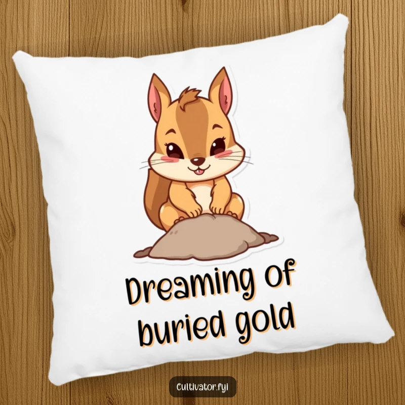 Funny squirrel pillow featuring a determined squirrel digging, adding comfort and humorous character to any room.