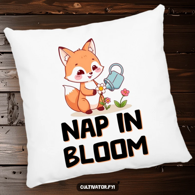 Funny pillow with a cheerful fox character gently watering a small flower, offering comfort and cute garden vibes.