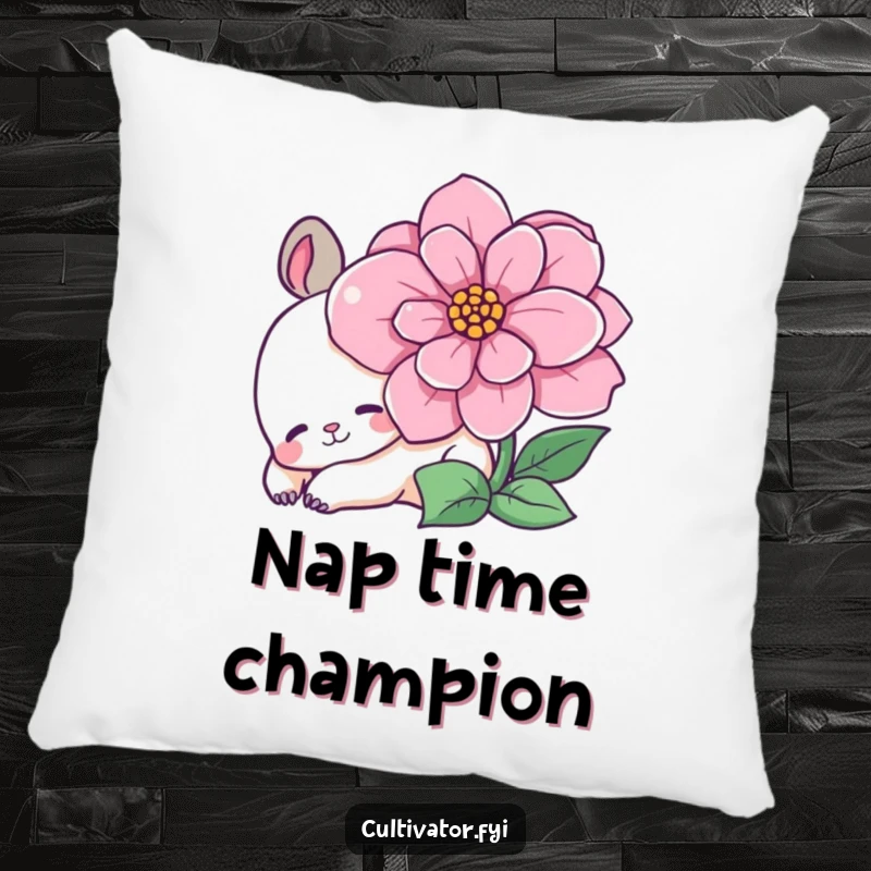 Funny pillow featuring a content animal character nestled beside a vibrant, blooming flower, providing humorous comfort and decor.