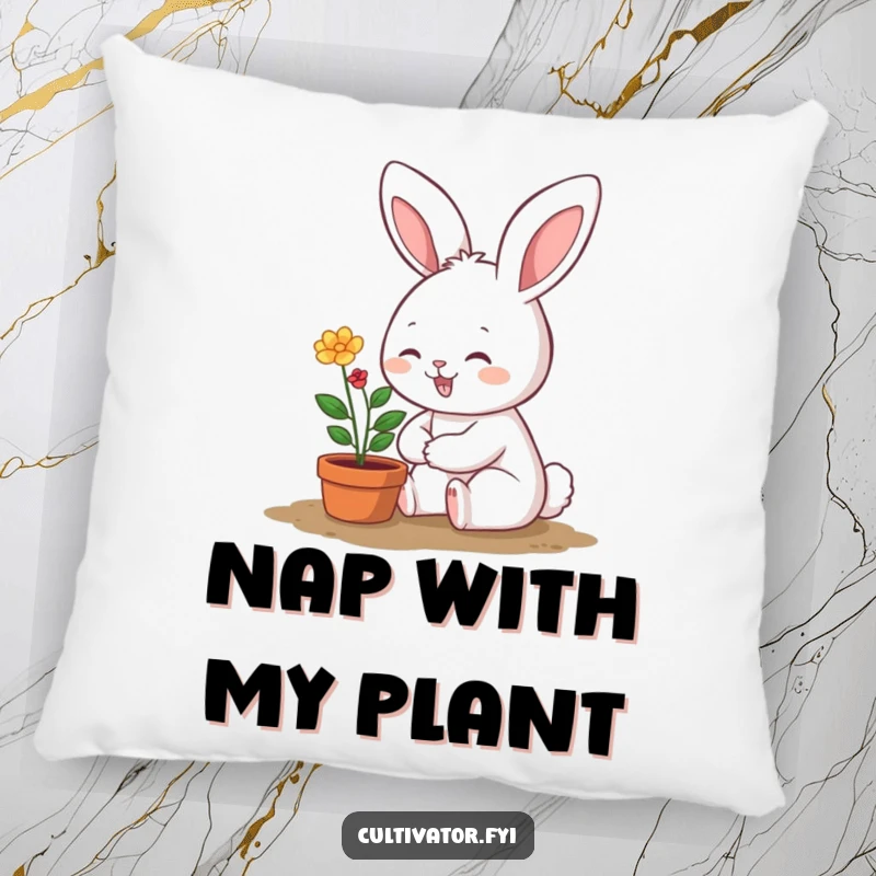 Funny pillow featuring a smiling bunny character happily tending a tiny, vibrant potted plant, adding cute comfort.