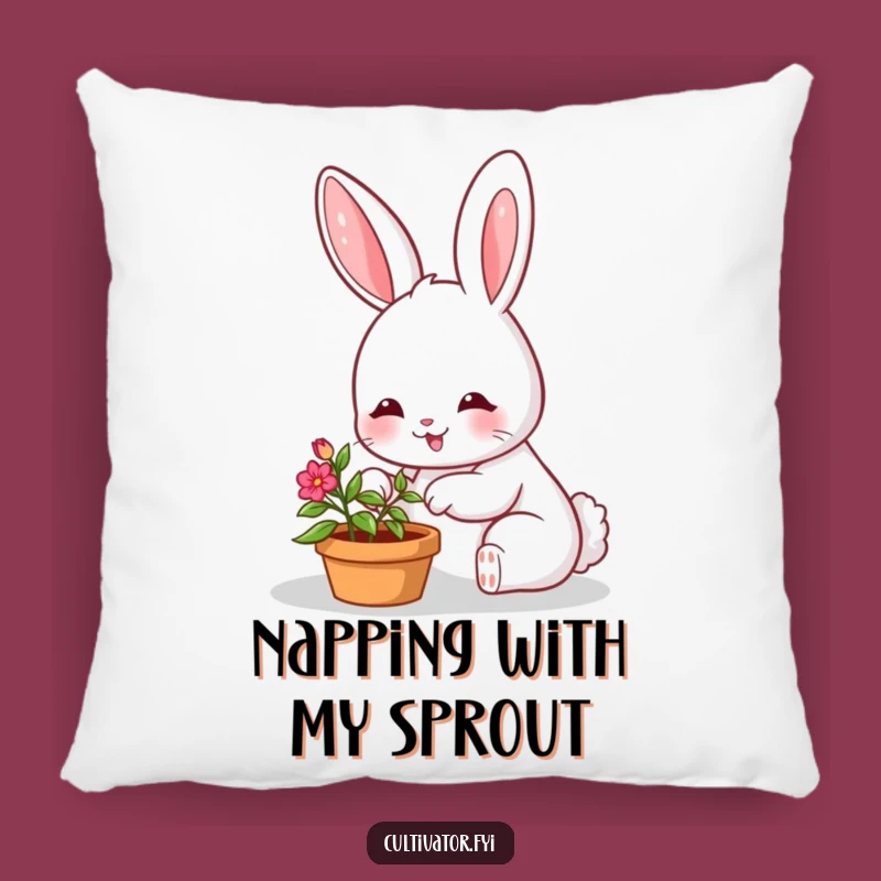 Funny Bunny Plant Pillow: Smiling Character Tending Tiny Plant