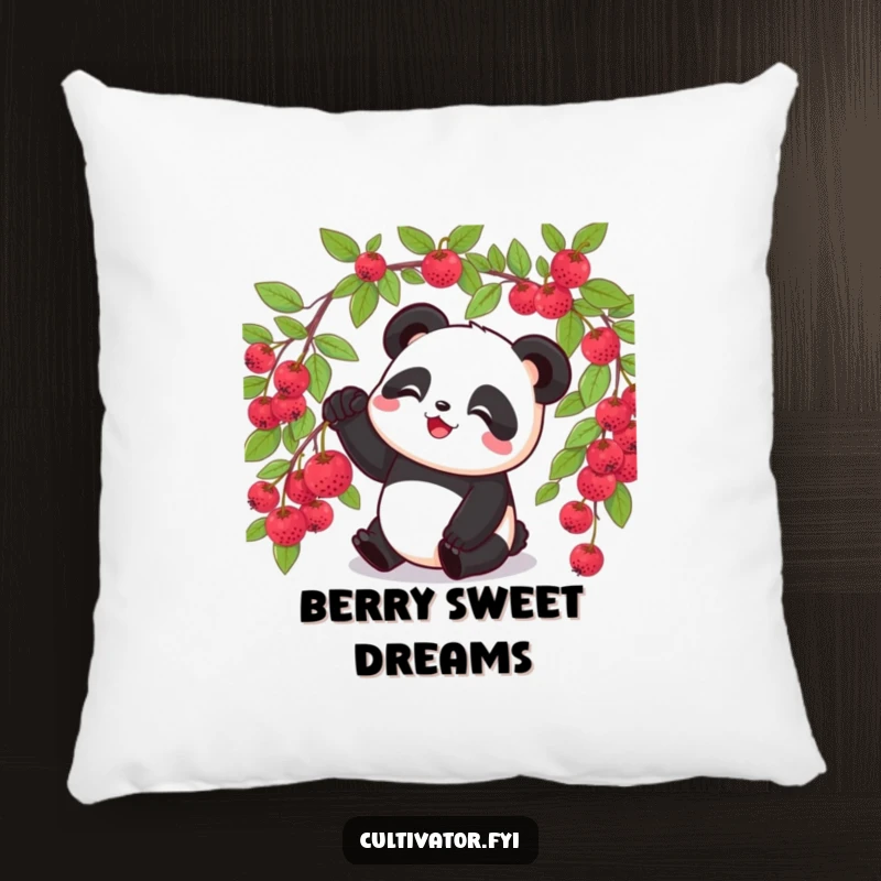 Funny panda pillow, depicting a panda picking a ripe berry from a bush, ideal for comfort.