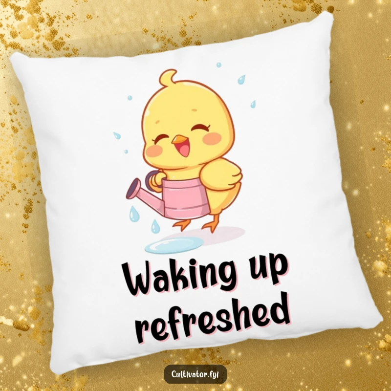 Funny pillow featuring a joyous chick happily collecting dewdrops in a tiny watering can, offering cozy spring comfort.