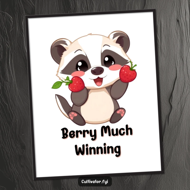 Funny digital art print of a playful badger proudly showing off a freshly picked berry, offering whimsical nature decor.