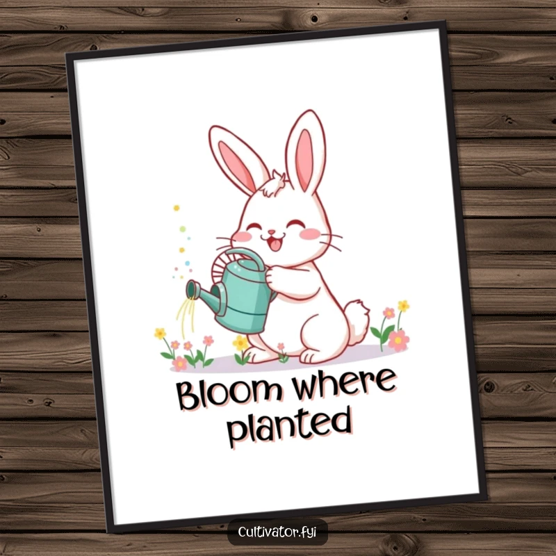 Funny Bunny Digital Art Print: Cheerful bunny with watering can sprinkles tiny flowers, spreading happiness instantly.