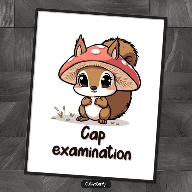 Funny digital art, curious squirrel examining a large mushroom cap with wide eyes, humorous and cute decor.