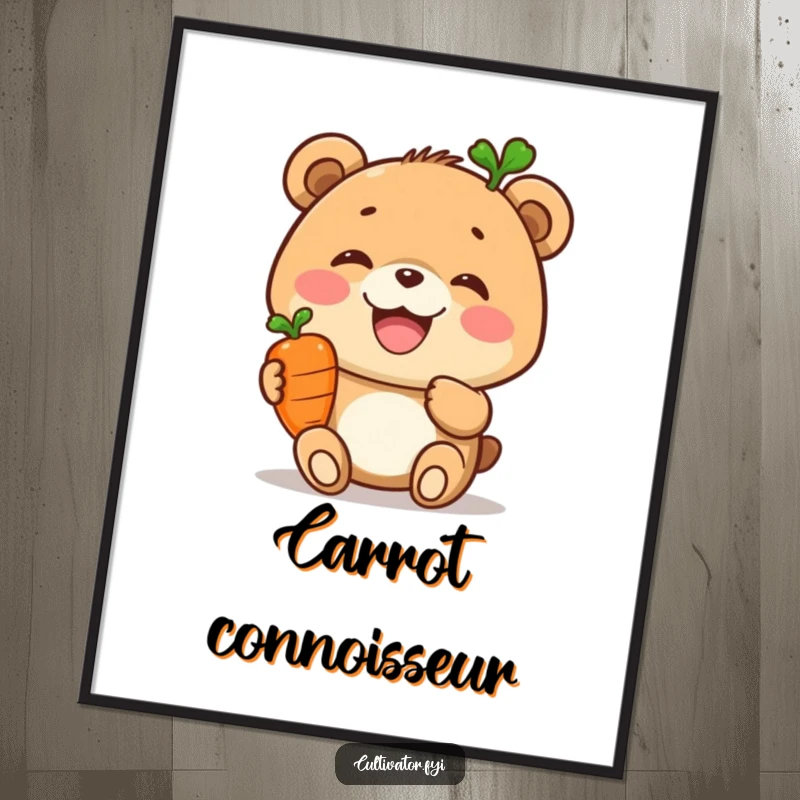 Funny digital art print, joyful bear proudly displaying a tiny carrot, printable wall art, healthy illustration, humorous decor.