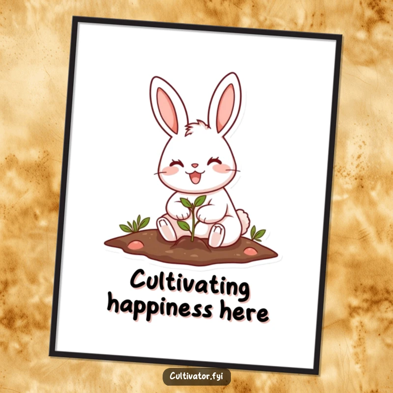 Funny cheerful rabbit planting a tiny seed with a big smile digital art print, perfect for a touch of garden joy.