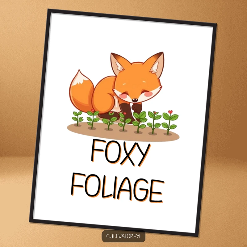 Funny fox digital art print of a playful fox tending to tiny seedlings with enthusiasm, downloadable funny gift.