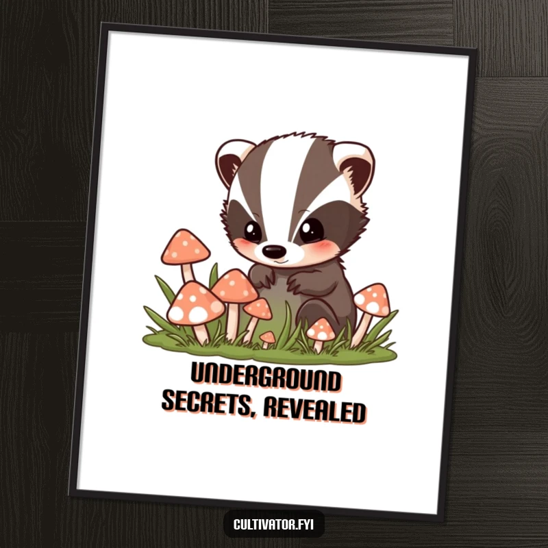 Funny digital art download of a curious badger character peeking into a vibrant and detailed mushroom patch, offering whimsical woodland charm.