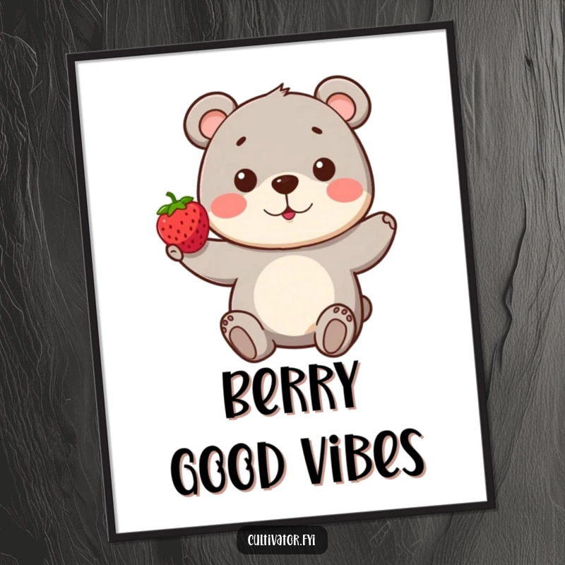 Funny Bear Digital Art Print: A playful bear proudly presents a single, perfect berry, offering instant whimsy and joy to any room.
