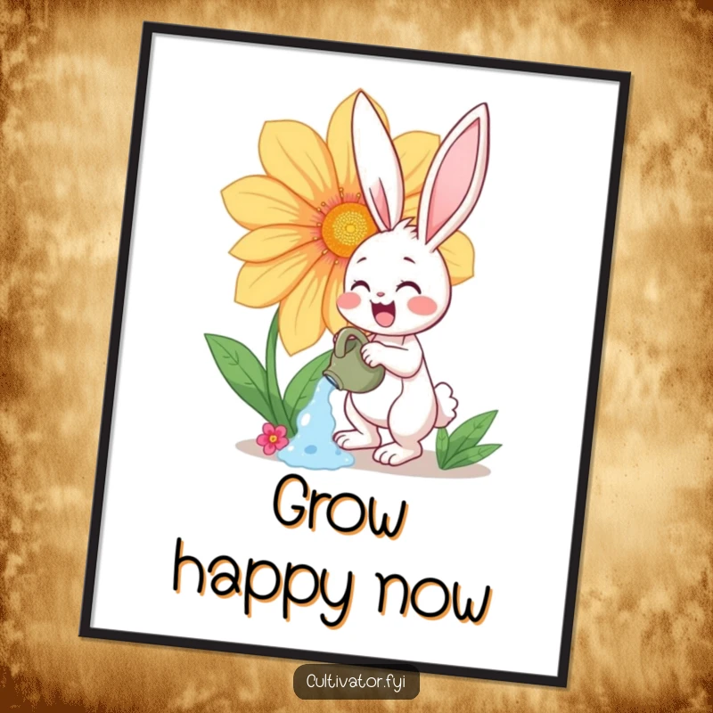 Funny digital art print of a happy bunny character enthusiastically watering a giant, vibrant flower, perfect for instant charming decor.