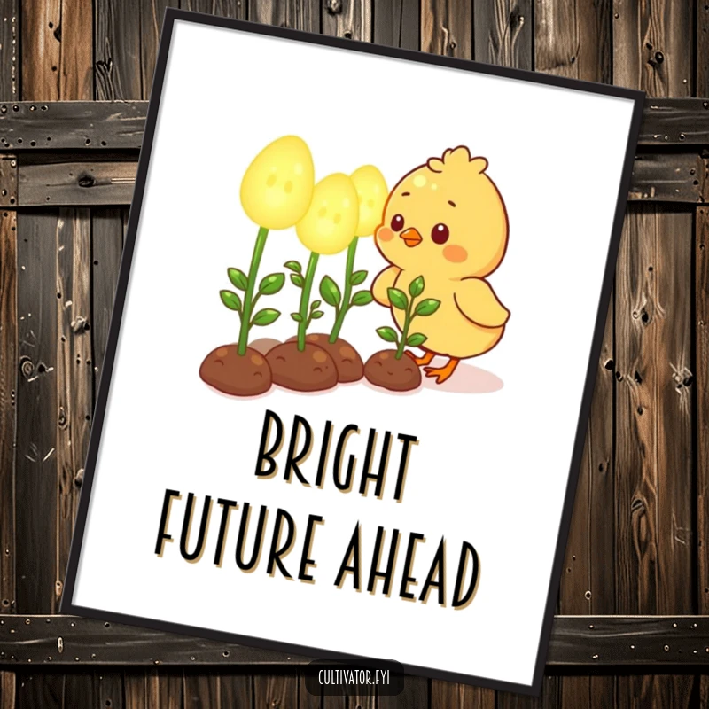 Funny digital art print of a cute chick character happily tending to oversized, glowing seedlings, perfect for instant charming decor.