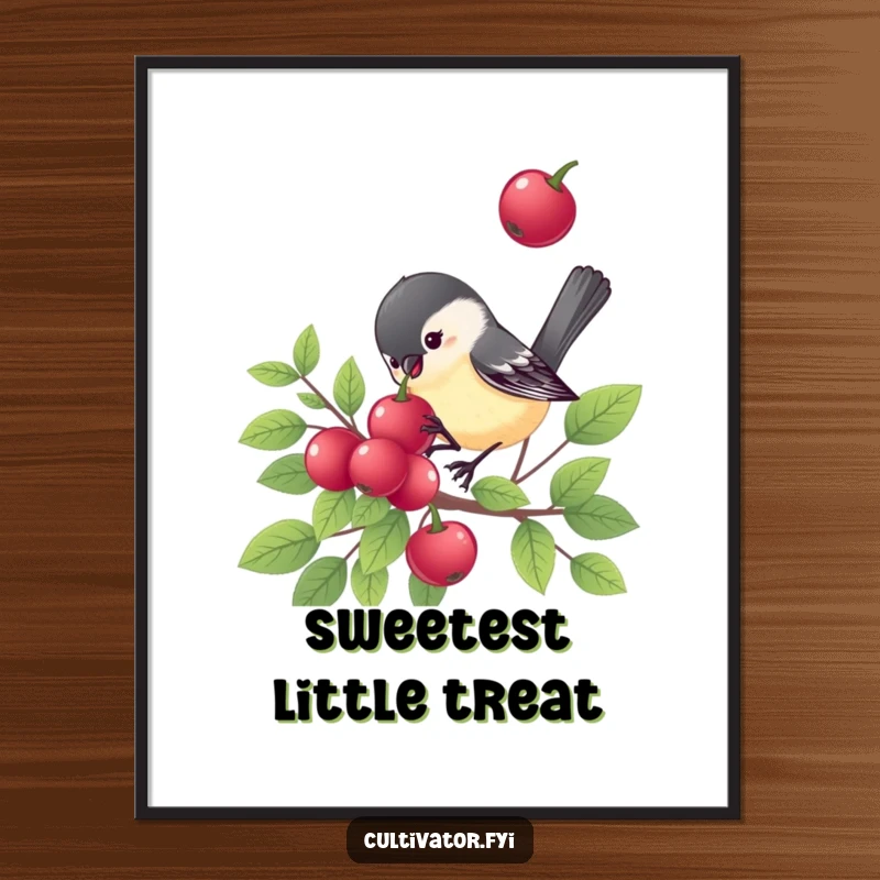 Funny chickadee digital art print, a cheerful bird eating a berry, instant download, humorous wildlife art, perfect funny gift.