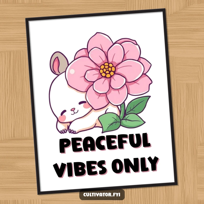 Funny digital art print of a content animal character lounging peacefully next to a vibrant, blooming flower for humorous wall decor.