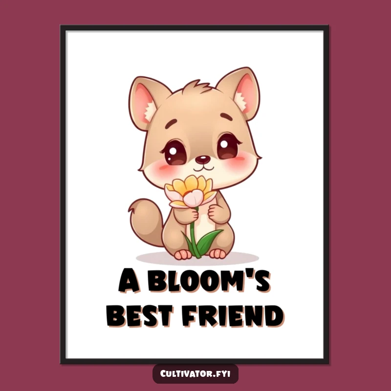 Funny Curious Animal Digital Art Print: Enchanting Flower Fascination Wall Decor Gift