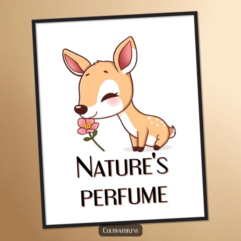 Funny deer digital art print, a contented deer smelling a blossom, instant download, humorous nature illustration, perfect funny gift.