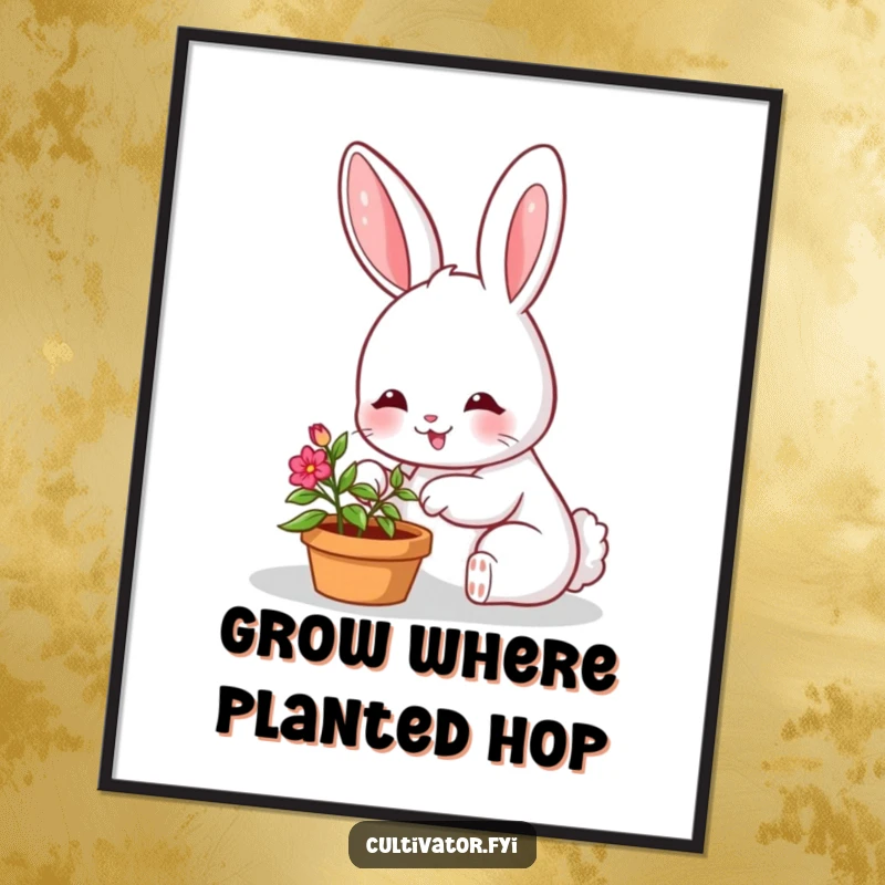 Funny digital art print of a smiling bunny character happily tending a very small, vibrant potted plant, perfect for decor.