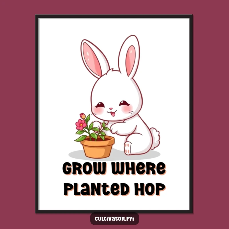 Funny Digital Art Print: Bunny Character Tending Small Plant