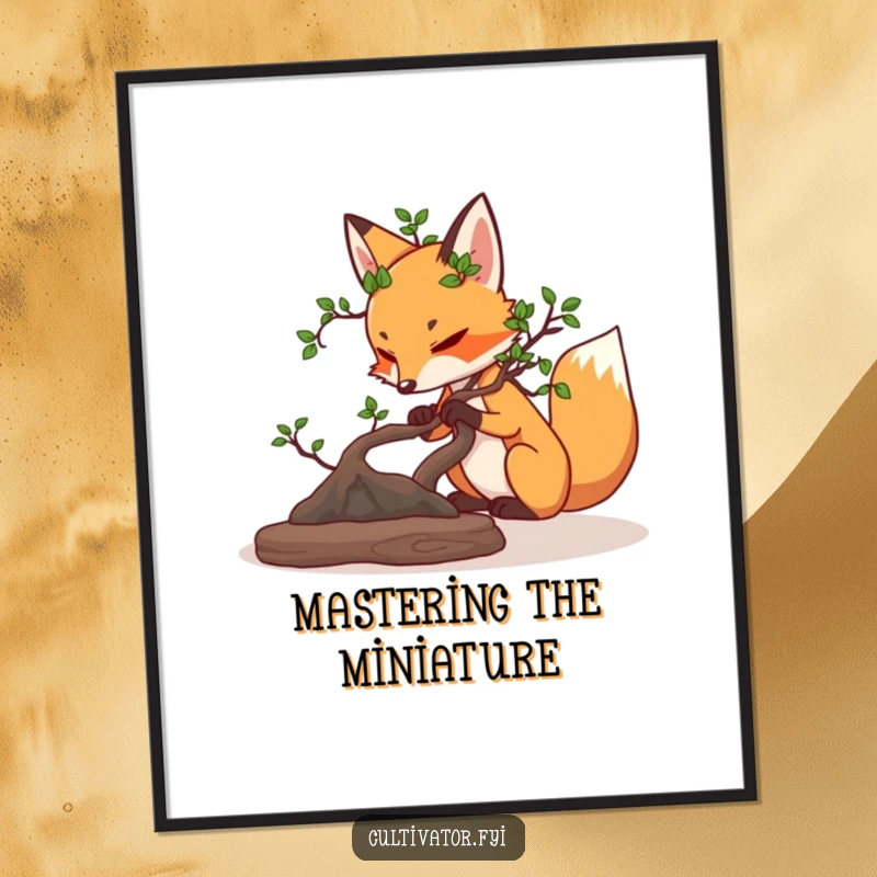 Funny determined fox carefully pruning a miniature bonsai tree digital art print, perfect for serene, humorous decor.