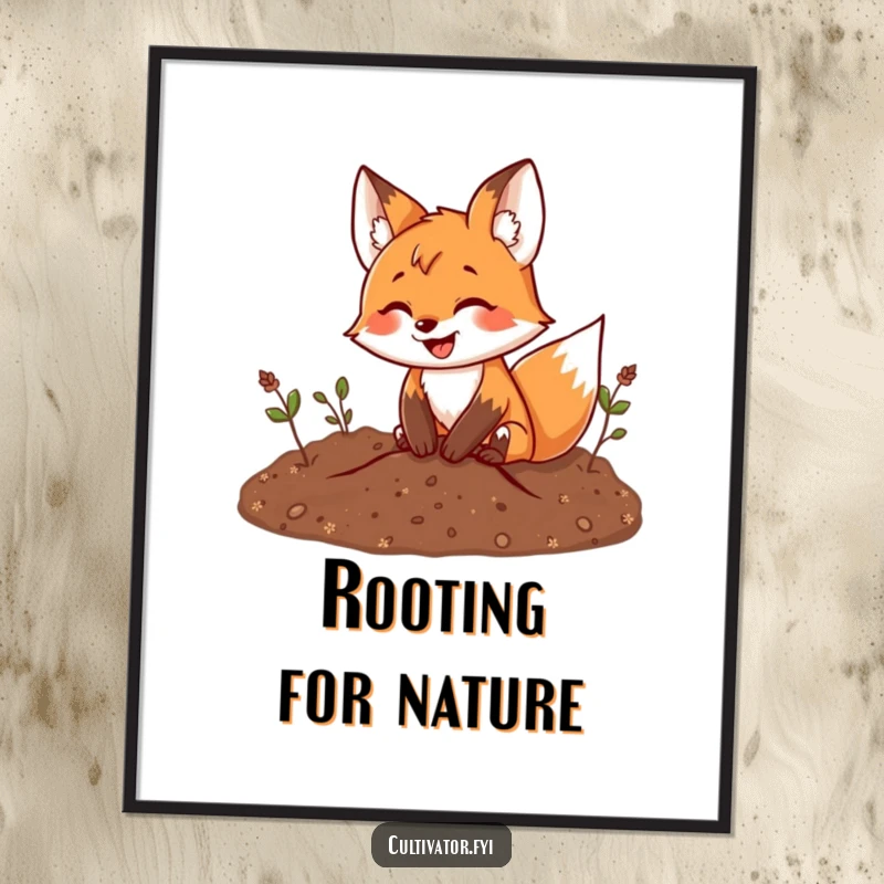 Funny fox digging digital art print of a smiling fox joyfully excavating the earth, ideal for charming wall decor.