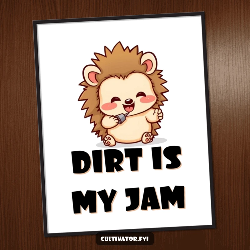 Funny digital art print of a delighted hedgehog character humorously digging in rich soil, a delightful and funny addition to any space.