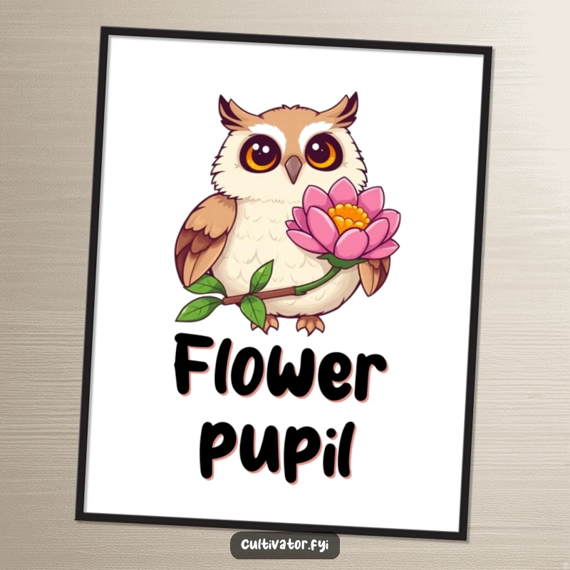 Funny joyful owl digital art print, observing a vibrant flower bloom with wide eyes, bringing a whimsical and heartwarming vibe.