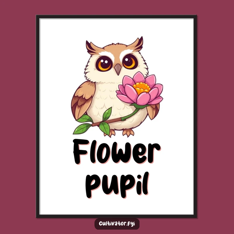 Funny Joyful Owl Observing Flower Art - Instant Nature Download
