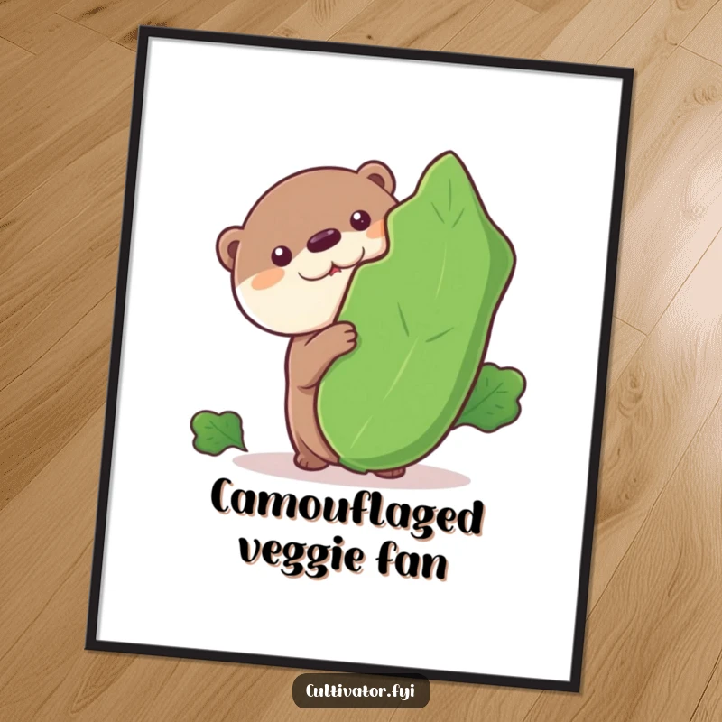 Funny digital art print, curious otter peeking from a large leafy vegetable, printable wall art, whimsical illustration, humorous decor.