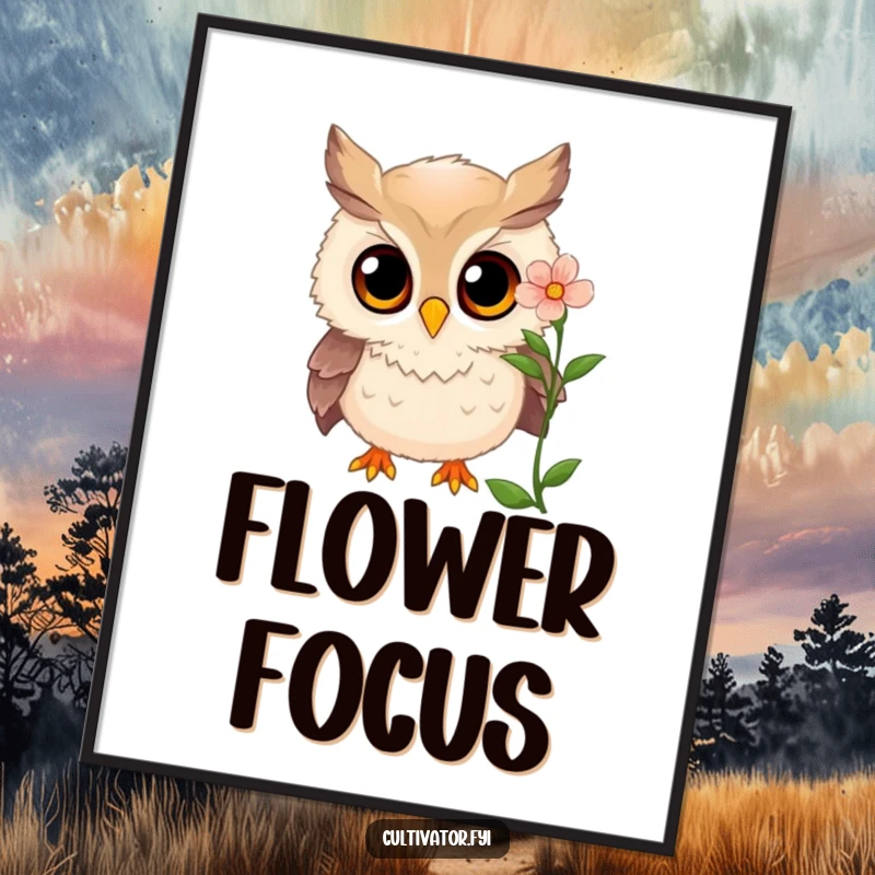 Funny owl digital art print of a curious owl examining a blooming flower with wide, amazed eyes, downloadable funny gift.