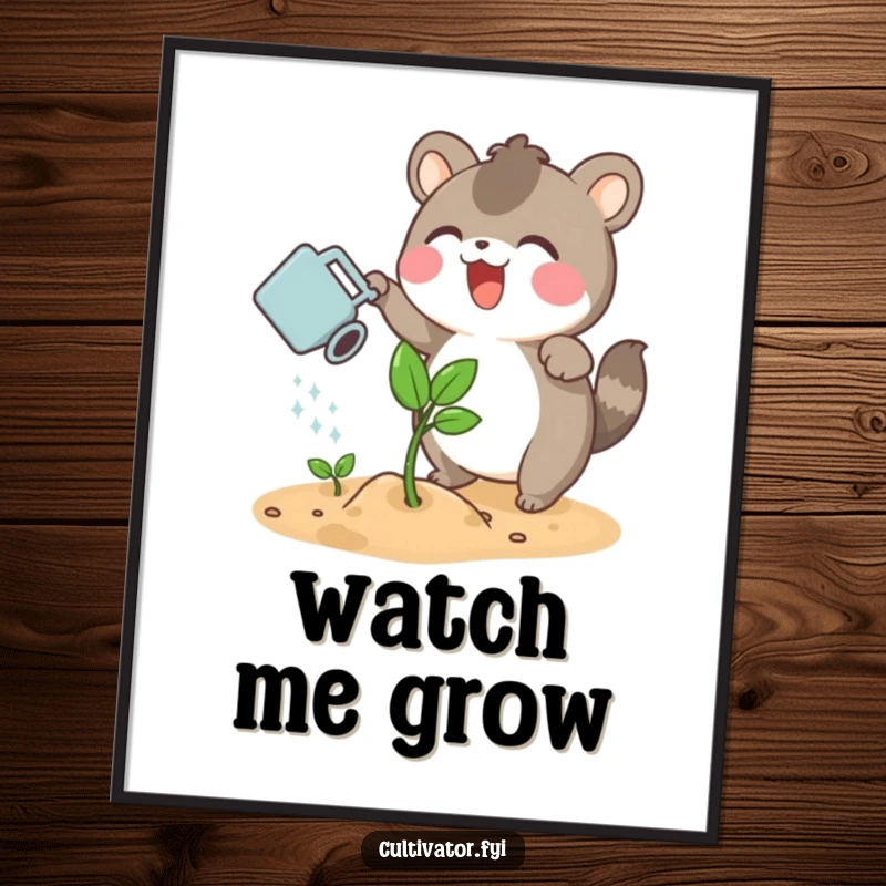 Funny digital art print of an excited animal character watering a sprouting plant with a small watering can, celebrating growth.