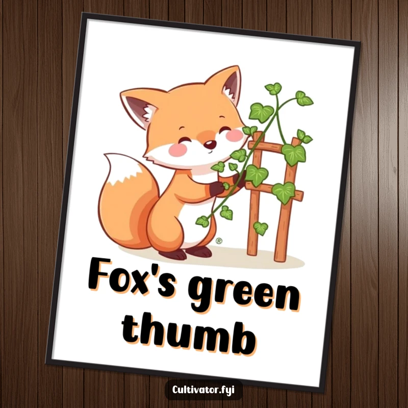 Funny whimsical fox digital art print, happily guiding a vine up a small trellis, bringing a playful and charming vibe.