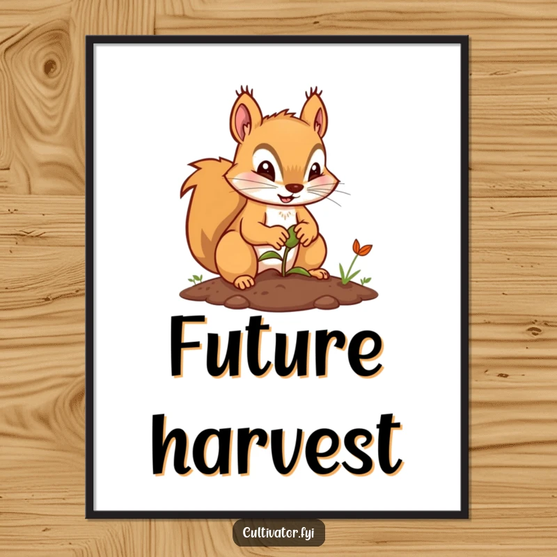 Funny digital art print of a determined squirrel character planting a seed with its tiny paws, symbolizing growth.