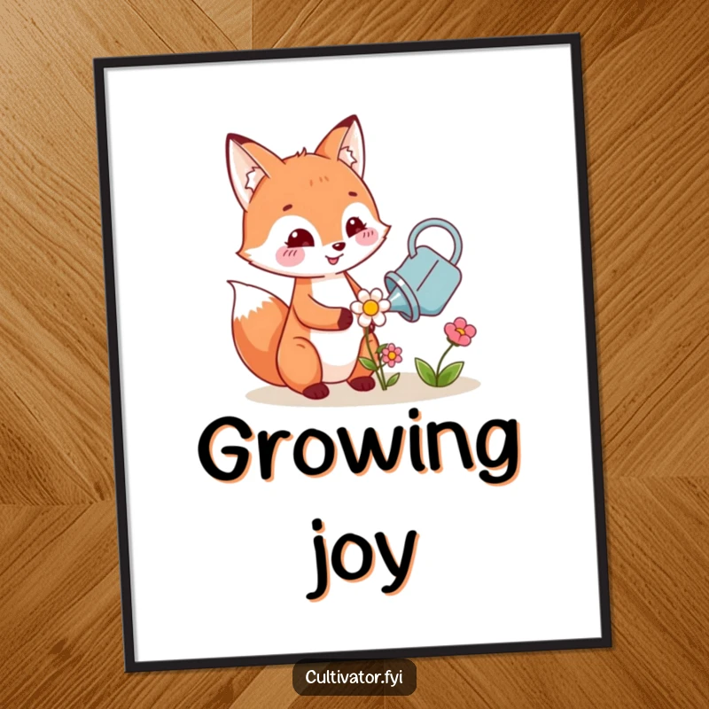 Funny digital art print of a cheerful fox character gently watering a tiny blooming flower, offering instant cute decor.