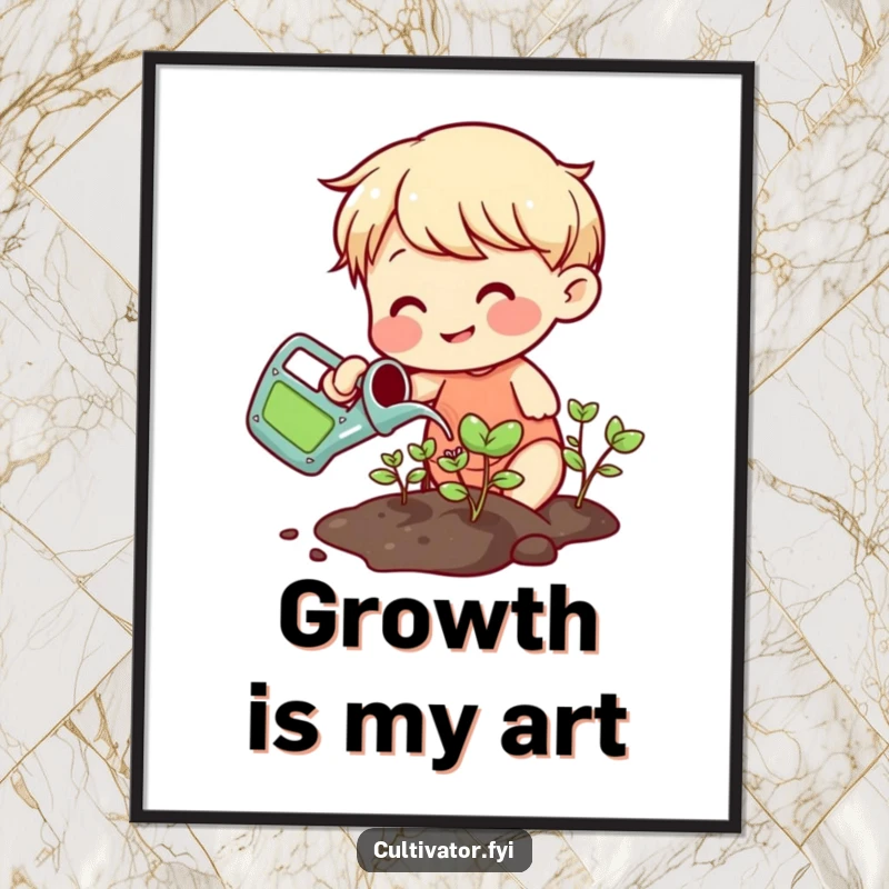 Funny smiling character watering sprouts with a small colorful watering can digital art print, perfect for plant-themed decor.