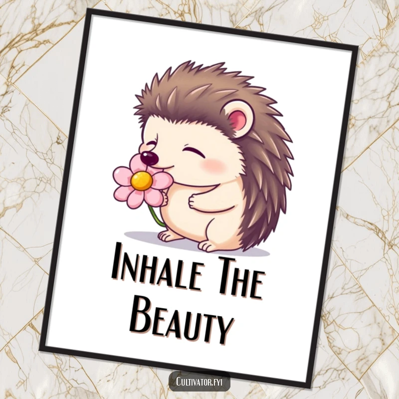 Funny digital art print of a contented hedgehog with closed eyes, smelling a blooming flower, offering peaceful nature decor.