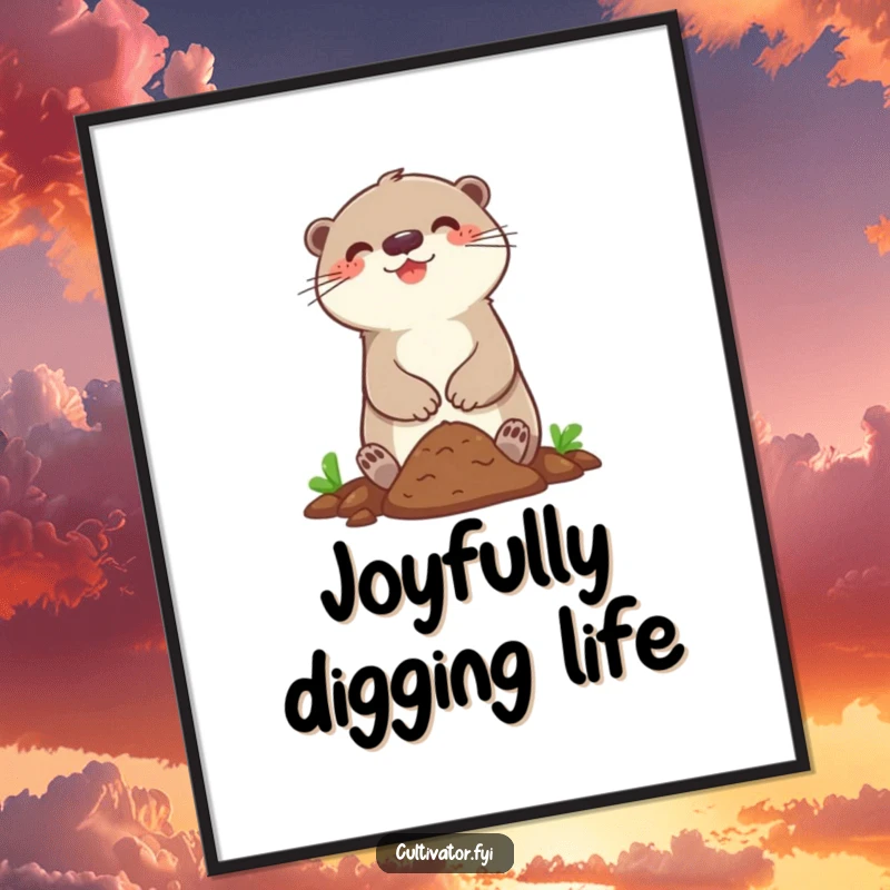Funny digital art print of a happy otter character joyfully digging in a small patch of soil, perfect for decor.