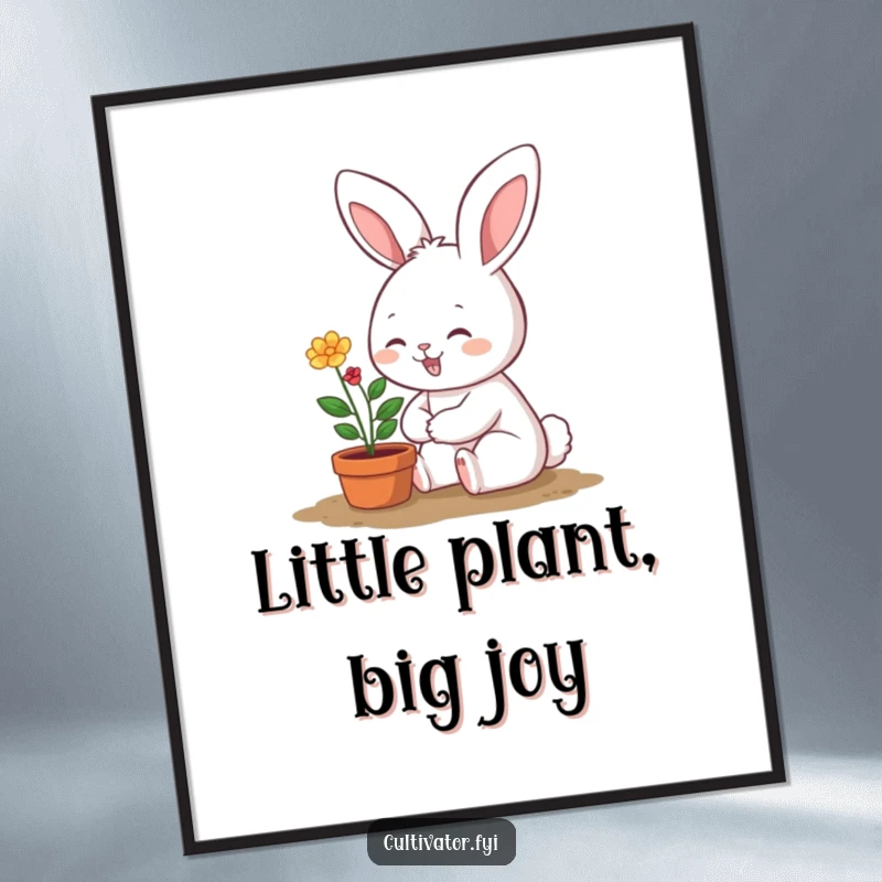 Funny digital art of a smiling bunny character happily tending a very small, vibrant potted plant, celebrating nature's beauty.