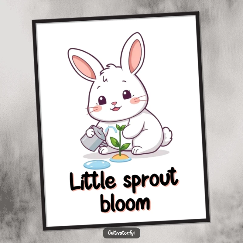 Funny digital art, happy rabbit watering a tiny sprout with a cheerful expression, humorous and cute decor.