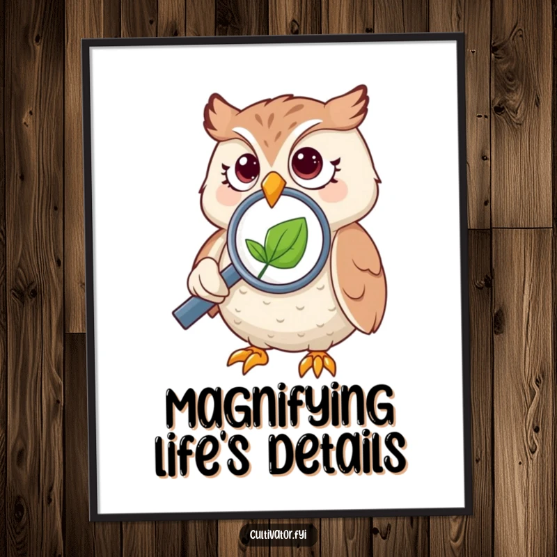 Funny owl digital art print, showing an owl using a magnifying glass to inspect a tiny leaf, ready to print.