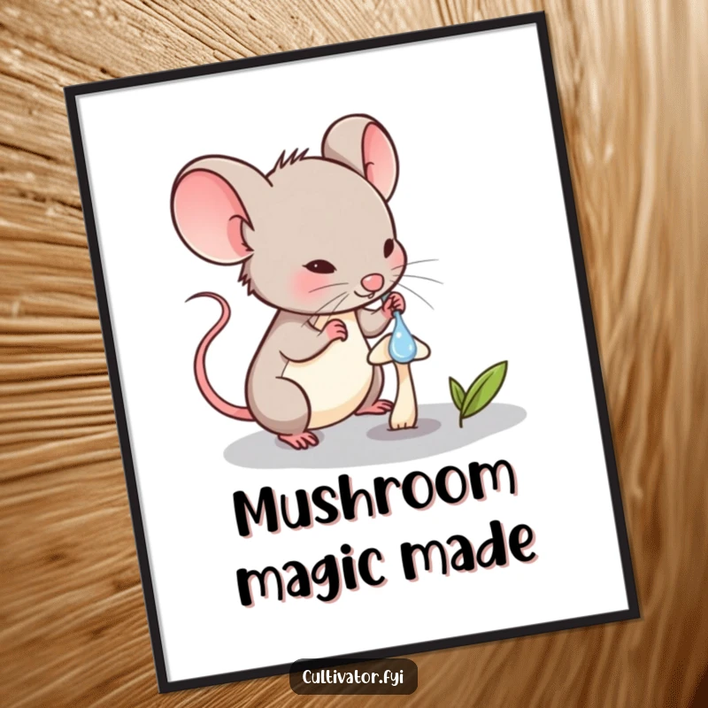 Funny Mouse Digital Art Print: Determined mouse carefully waters a minuscule mushroom with a dropper, artful.
