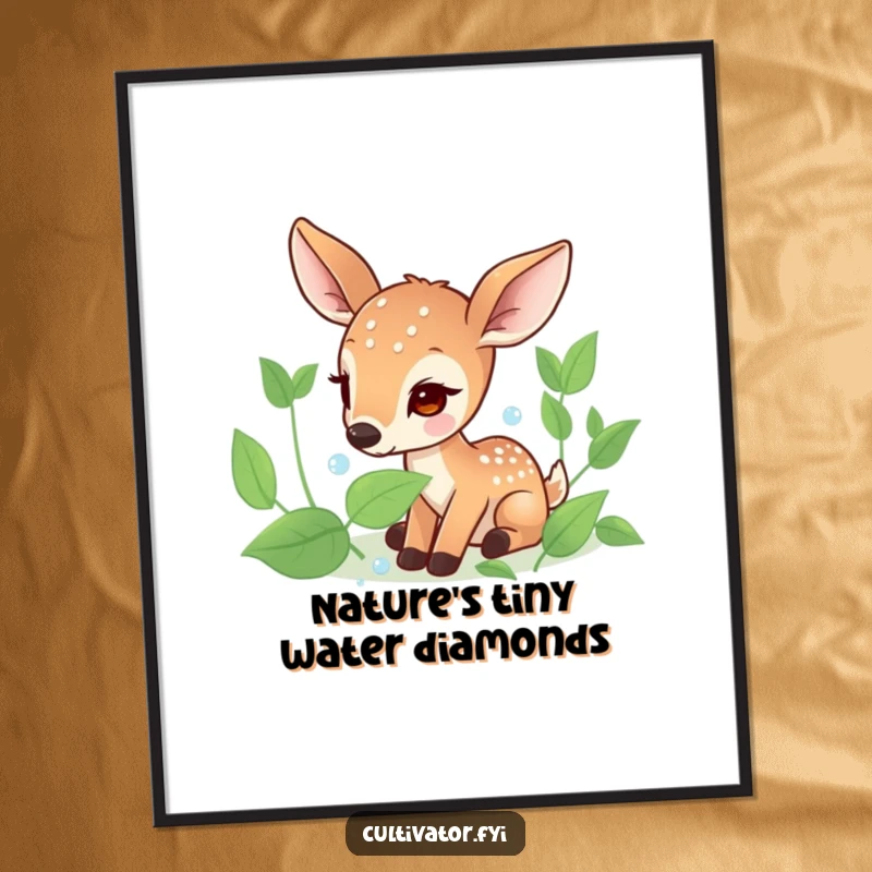 Funny digital art download of a focused deer character carefully collecting glistening dew drops from fresh green leaves, evoking natural peace.