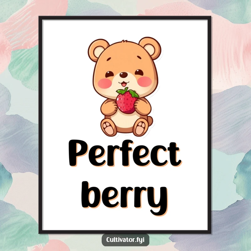 Funny digital art print of a playful bear character proudly presenting a single perfect berry, offering instant decor.