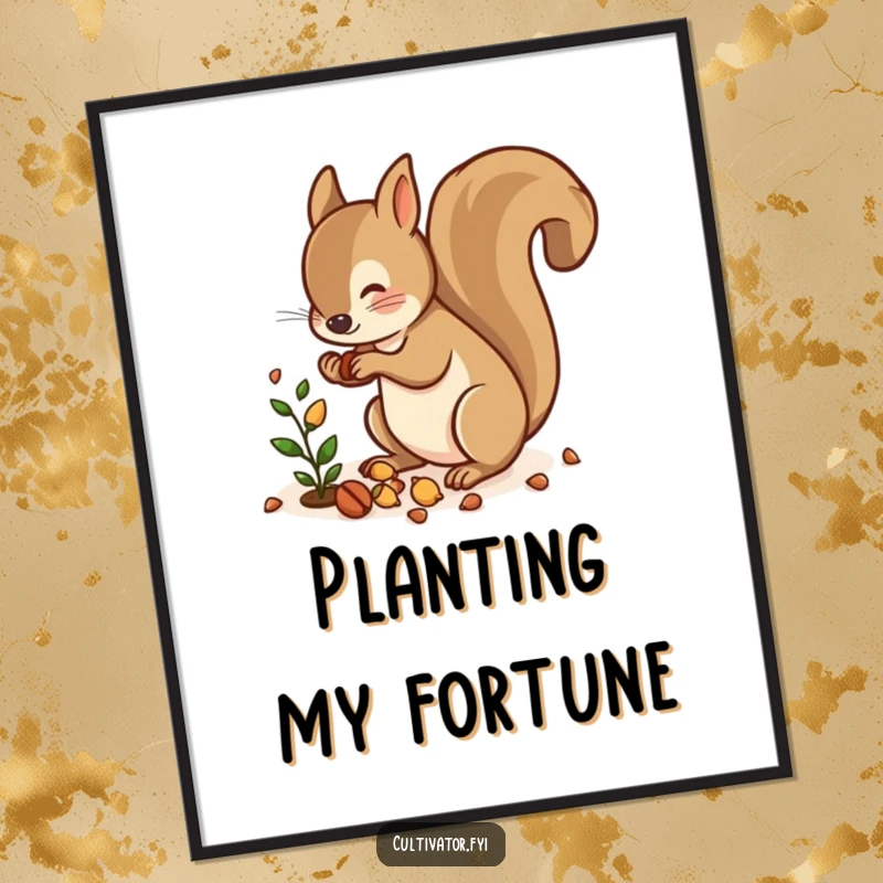 Funny digital art print of a squirrel energetically scattering nuts near a small plant, bringing playful woodland humor.