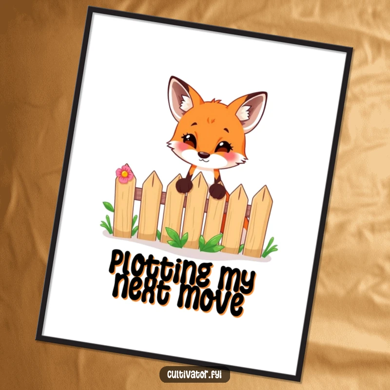 Funny digital art print of a curious fox peeking over a garden fence with excitement, ready for instant download.