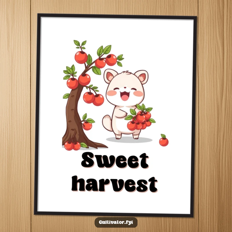 Funny Digital Art Print of a joyful animal character happily picking ripe fruits from a miniature tree, a delightful piece celebrating nature's bounty.