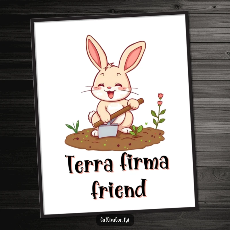 Funny bunny digital art print, excitedly tilling a small garden with a trowel, a piece of humorous wall art for instant download.