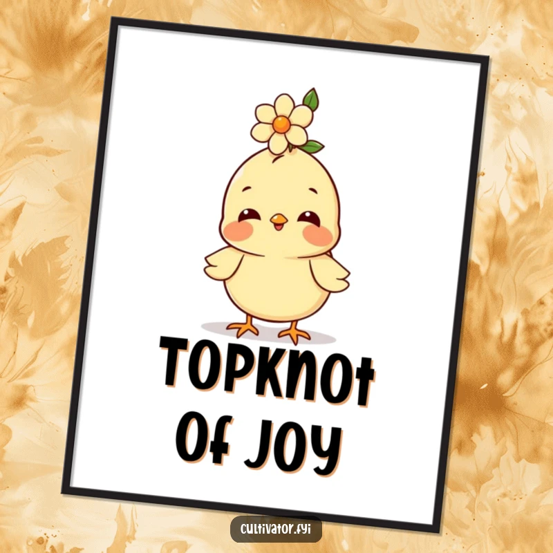 Funny digital art print, happy chick balancing a small flower on its head, printable wall art, cheerful illustration, humorous decor.