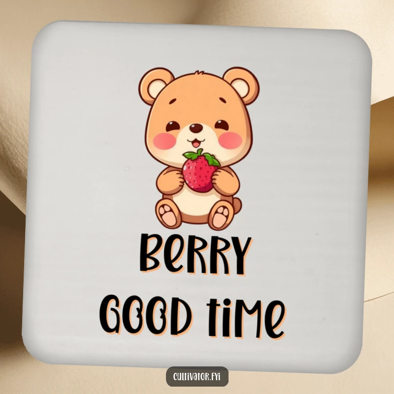 Funny coasters with a playful bear character proudly presenting a berry, protecting surfaces with charming decor.