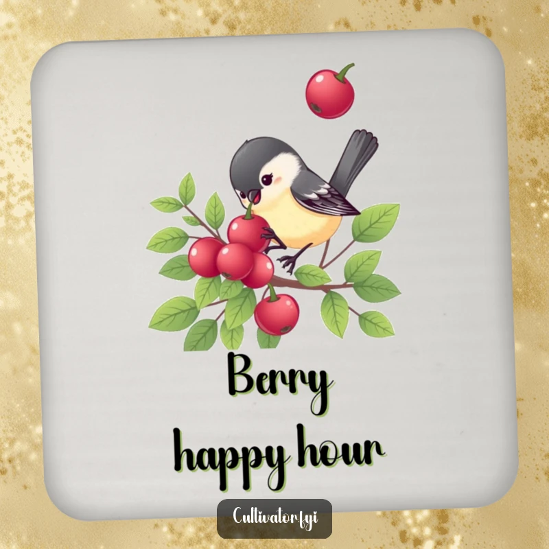 Funny chickadee coaster, a cheerful bird pecking a berry, protects furniture, humorous nature art, great funny gift.